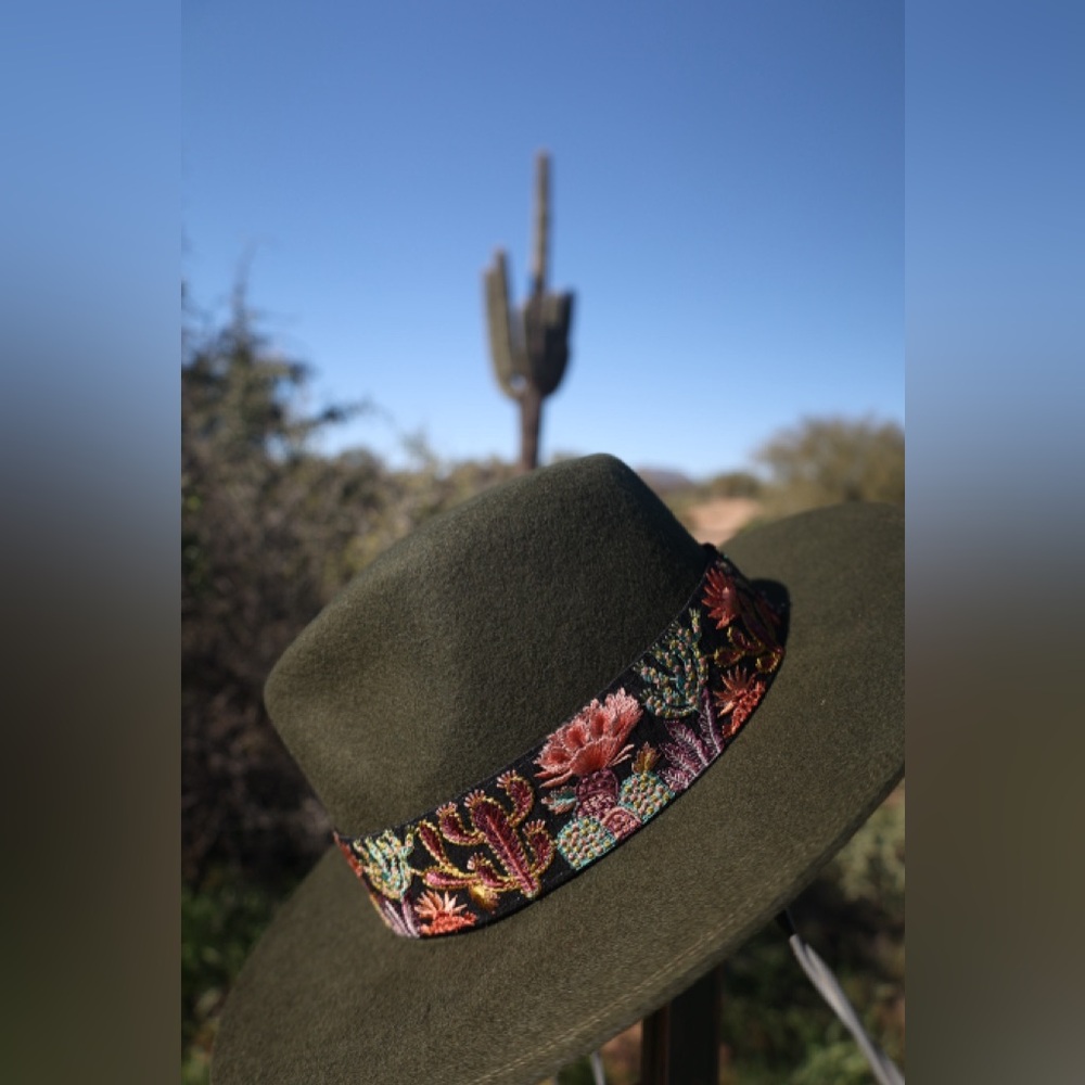 SOLD Green Wool Cowboy Hat – Western Felt Hat with Embroidered Cactus Band - Picture 4 of 9